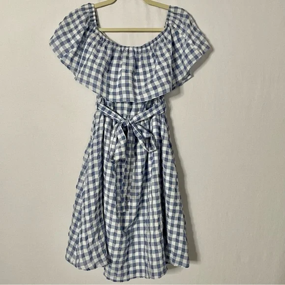 Anthropologie ie 11.1. Tylho Kinsey Off-The-Shoulder Blue & White Gingham Dress - Picture 2 of 15